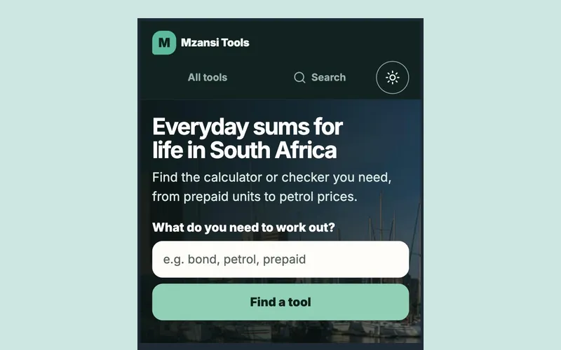 Mzansi Tools home page on a phone: a search box asking what you need to work out, above a list of everyday calculators.