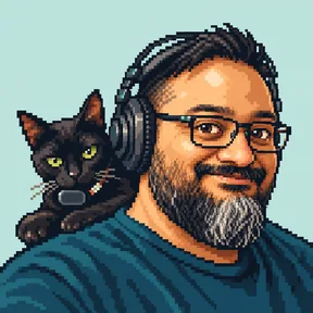 Pixel-art portrait of Yushir in headphones and glasses, with a black cat perched on his shoulder.