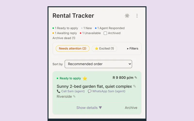 The rental tracker on a phone, listing rentals with status, price per month and quick call or WhatsApp links.
