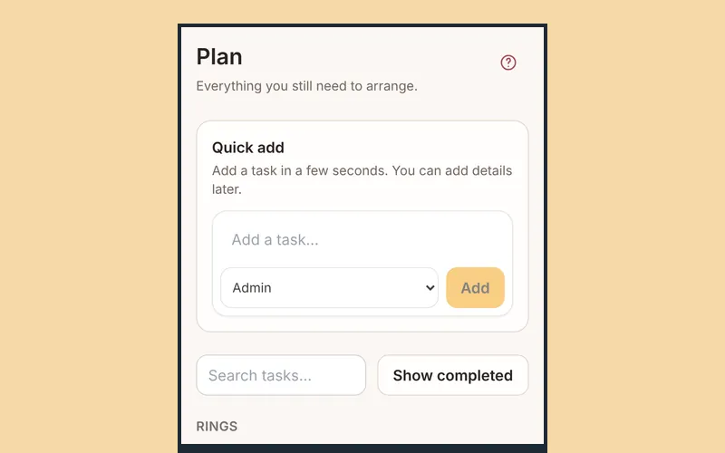 The wedding planner's Plan screen on a phone, with a quick-add box and tasks grouped by theme.