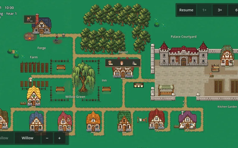 Wendan's Willow: a pixel-art medieval village with a forge, farm, inn, willow tree and palace courtyard.